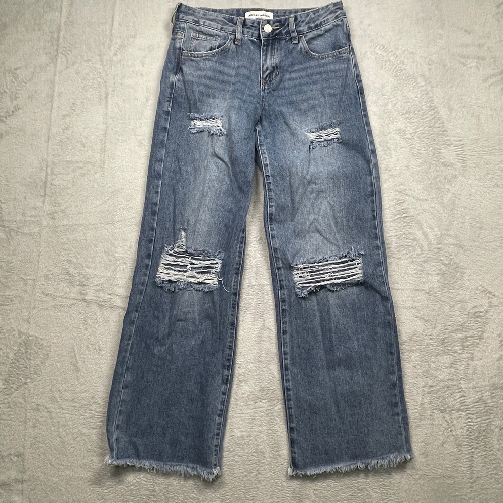Ashley Mason Wide Leg Jeans Women 3/26 Blue Distressed Raw Hem High Rise